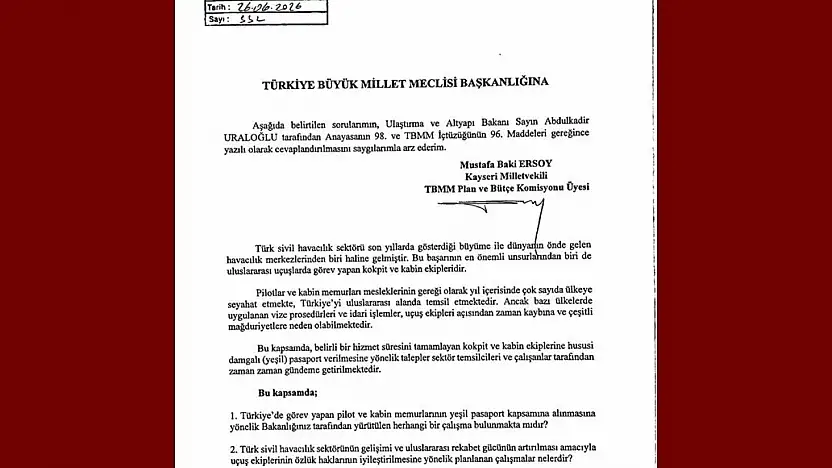 MHP'li Ersoy, kokpit ve kabin ekiplerinin yeşil pasaport talebini TBMM gündemine taşıdı
