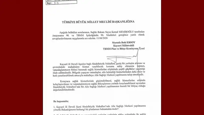 MHP'li Ersoy, Sindelhöyük Mahallesi'nin aile sağlığı merkezi talebini TBMM'ye taşıdı