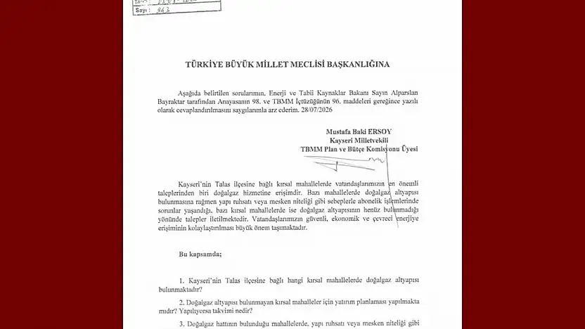 MHP'li Ersoy, Talas kırsal mahallelerinin doğalgaz taleplerini TBMM gündemine taşıdı
