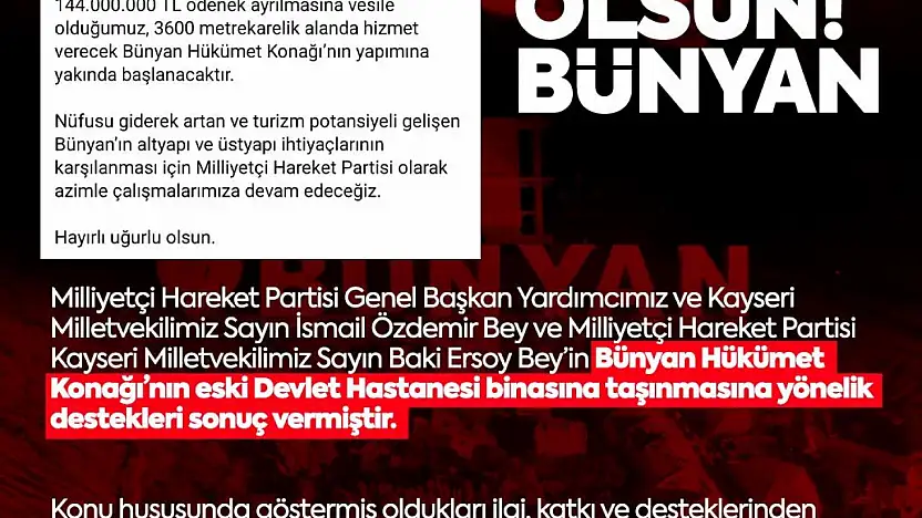 MHP'li Özdemir'den Bünyan'a hükümet konağı müjdesi