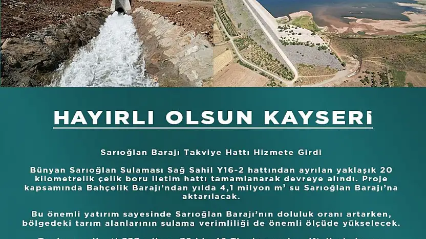 Sarıoğlan Barajı Takviye Hattı, hizmete girdi