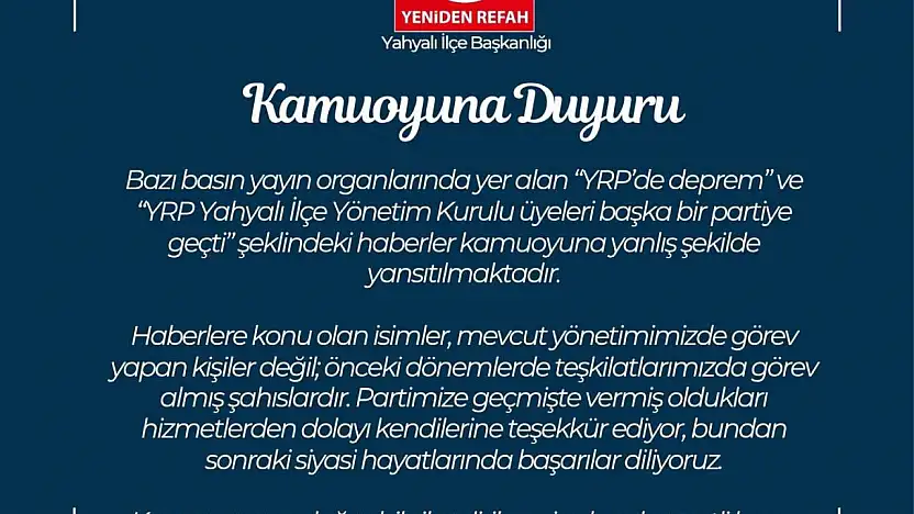 YRP Kayseri İl Başkanlığı'ndan kamuoyu açıklaması