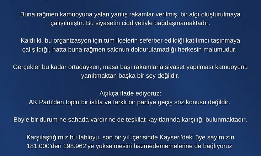 AK Parti Kayseri İl Başkanlığı: 'AK Parti'den toplu bir istifa ve farklı bir partiye geçiş söz konusu değildir'