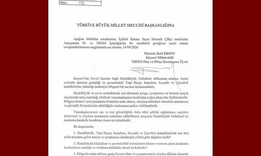 Baki Ersoy'dan Sindelhöyük Mahallesi'ne jandarma karakolu için soru önergesi