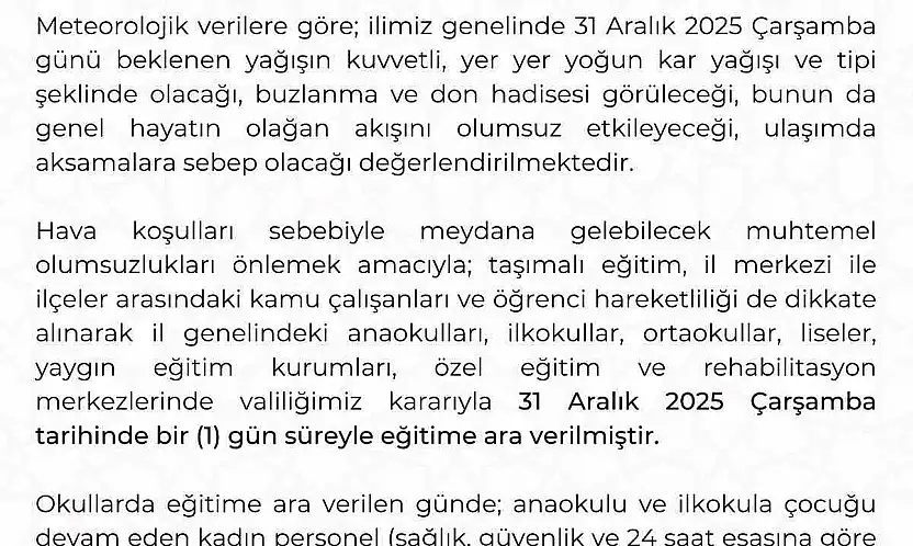 Kayseri'de eğitime 1 gün ara verildi