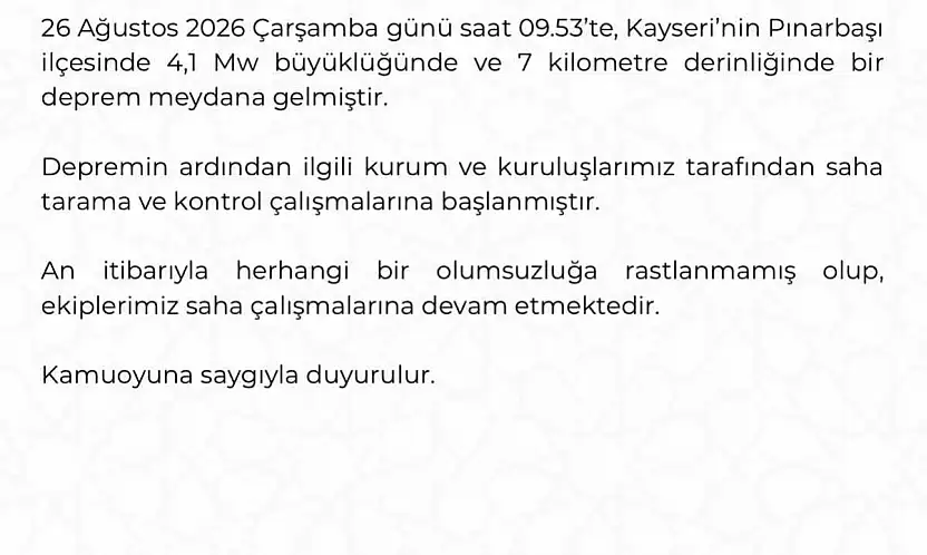 Kayseri Valiliği: 'Depremde olumsuzluğa rastlanmadı'
