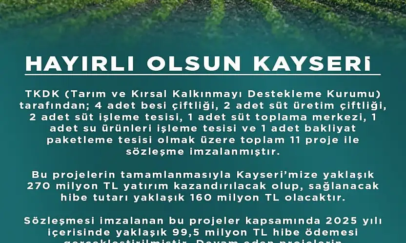 Kayseri'ye 270 milyon TL'lik 11 proje müjdesi