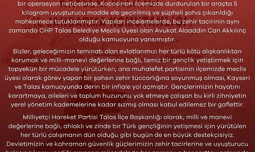 MHP'den uyuşturucuyla yakalanan CHP'li meclis üyesine tepki