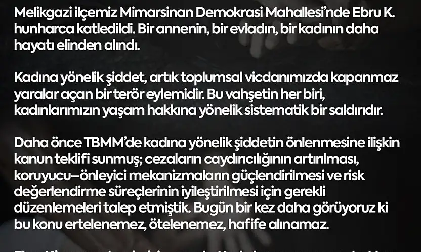 MHP'li Ersoy: 'Kadınlarımızın yaşam hakkını korumak devletin, toplumun ve hepimizin namus borcudur'