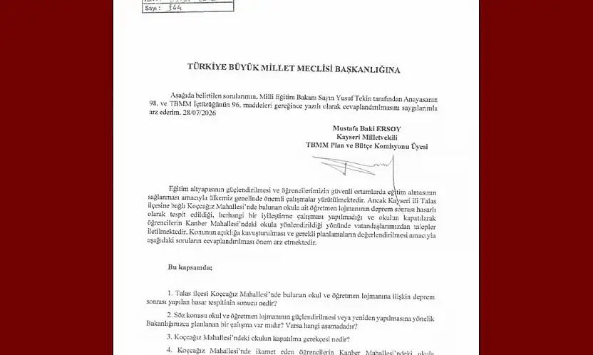MHP'li Ersoy'dan Koçcağız mahallesindeki okul için soru önergesi