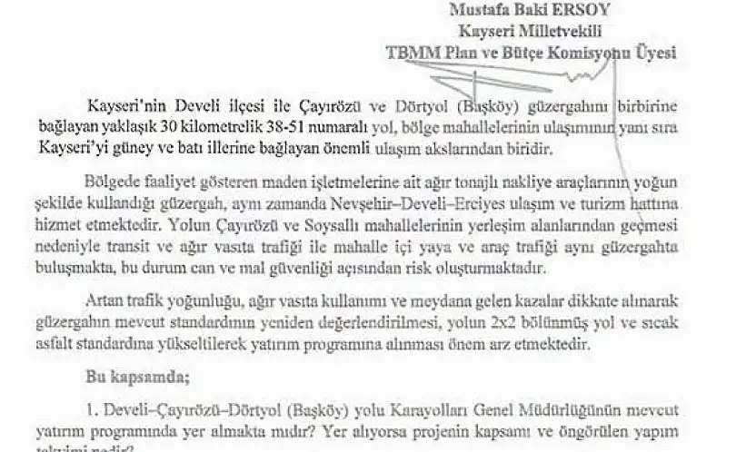 MHP'li Ersoy Develi - Çayırözü- Dörtyol ulaşım güvenliğini meclise taşıdı