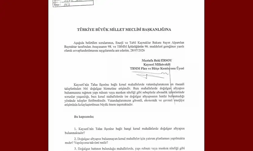 MHP'li Ersoy, Talas kırsal mahallelerinin doğalgaz taleplerini TBMM gündemine taşıdı