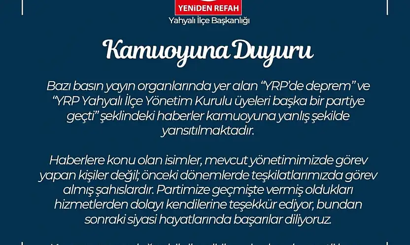 YRP Kayseri İl Başkanlığı'ndan kamuoyu açıklaması